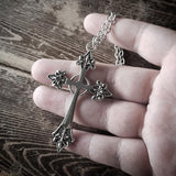 Large Detailed Gothic Silver Tone Cross Pendant & Necklace